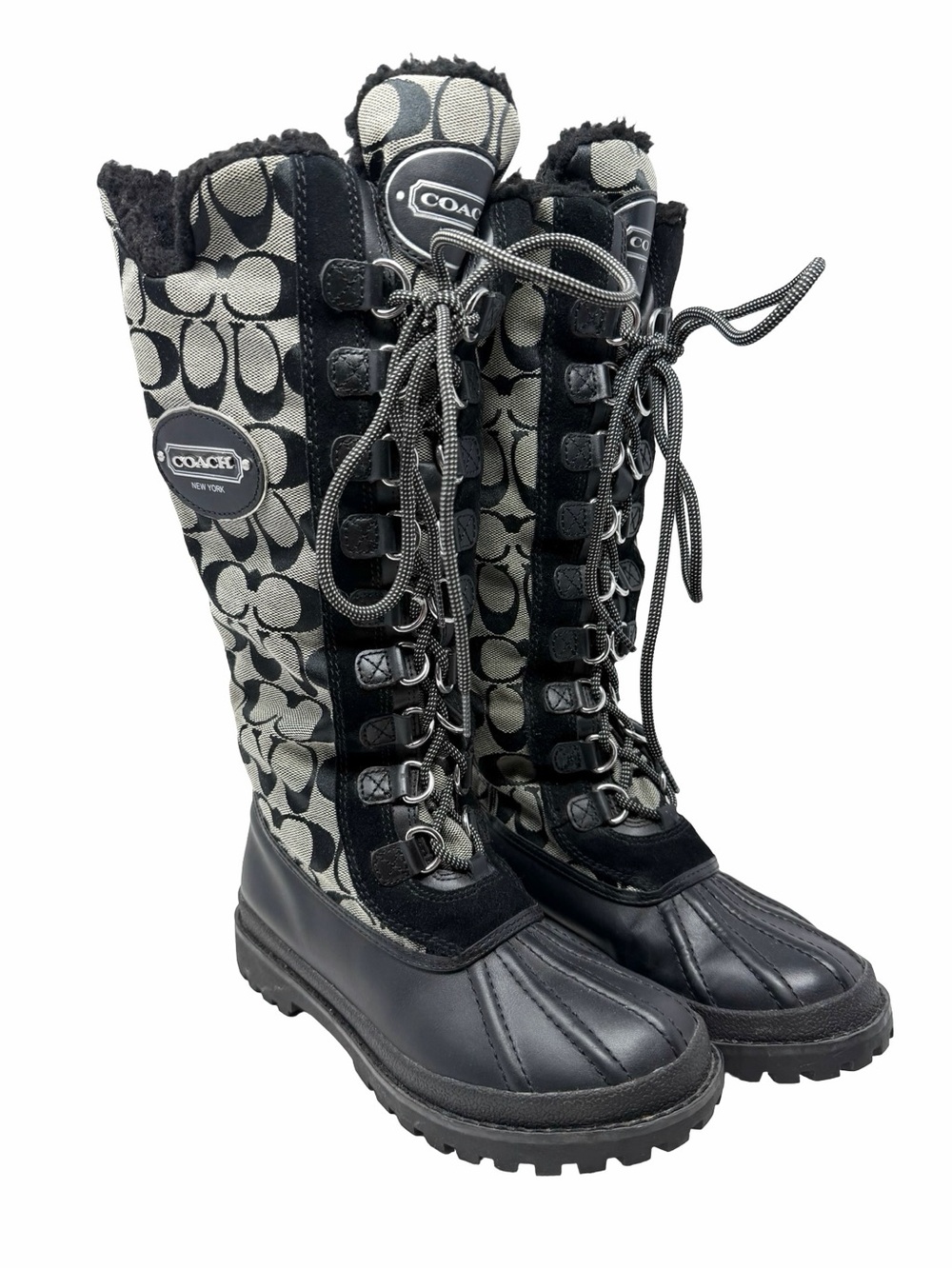 Coach Black & Gray Signature Monogram Libby Lace-Up Tall Winter Boots Size 6.5 7
